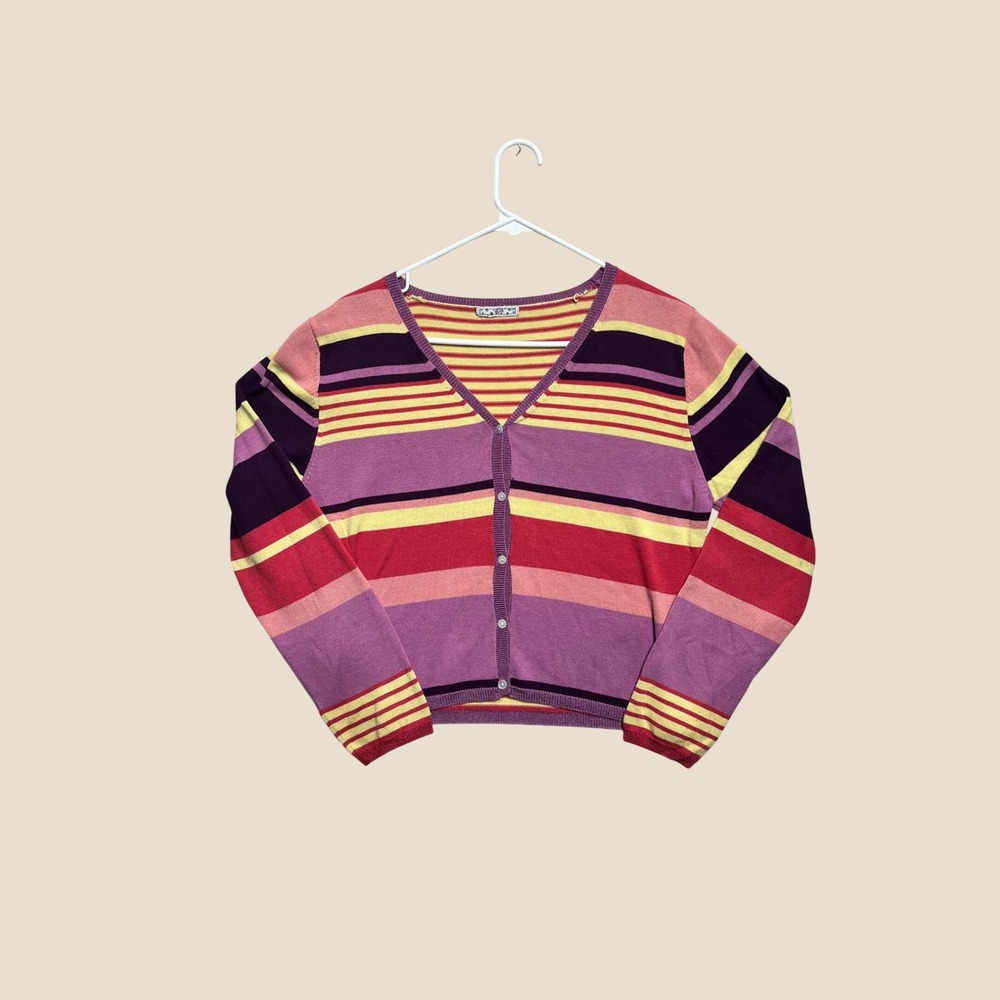Vintage 90s Colorful Striped Cardigan Sweater V-Neck Purple Pink Yellow Red - Picture 1 of 6